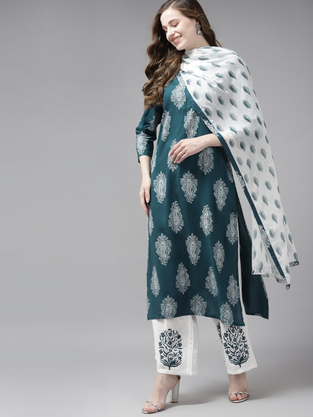 Teal Green & Offwhite Printed Dupatta Set-Indiakreations-JS7298SETTGS