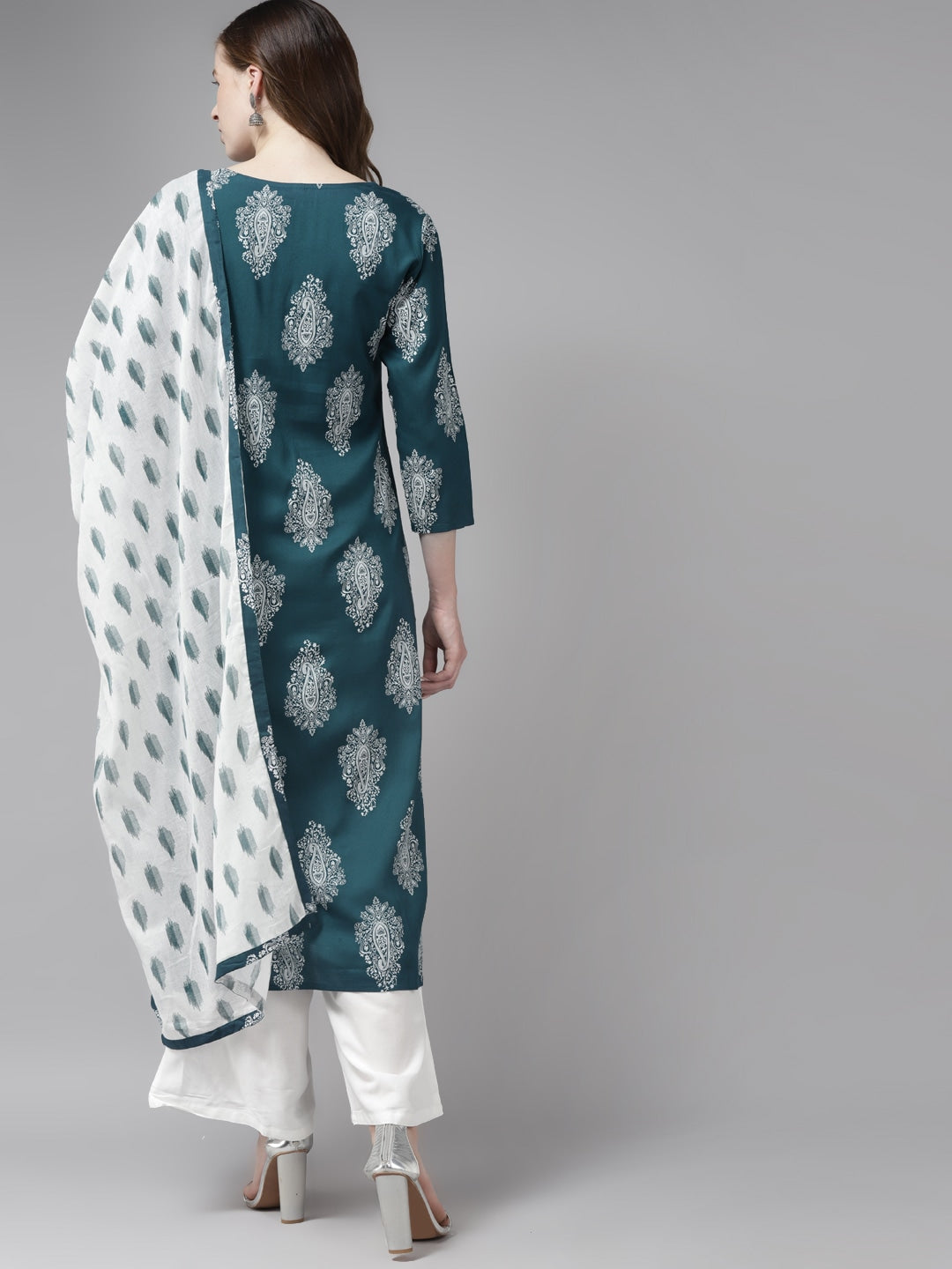 Teal Green & Offwhite Printed Dupatta Set-Indiakreations-JS7298SETTGS