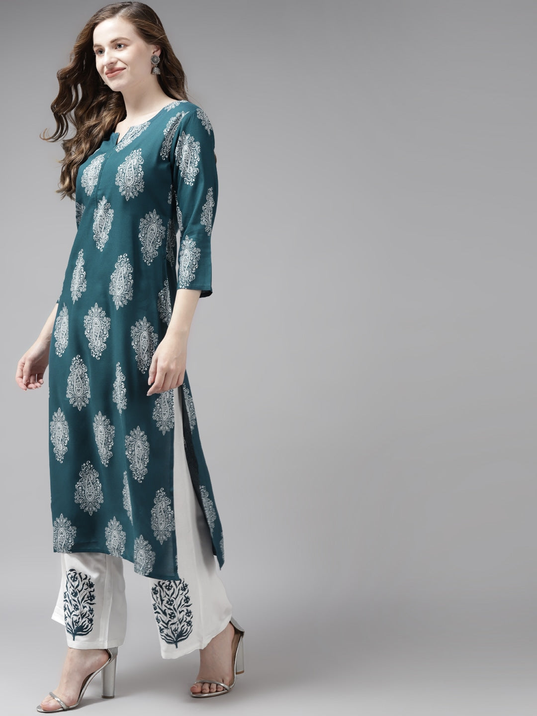 Teal Green & Offwhite Printed Dupatta Set-Indiakreations-JS7298SETTGS