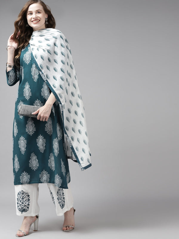 Teal Green & Offwhite Printed Dupatta Set-Indiakreations-JS7298SETTGS