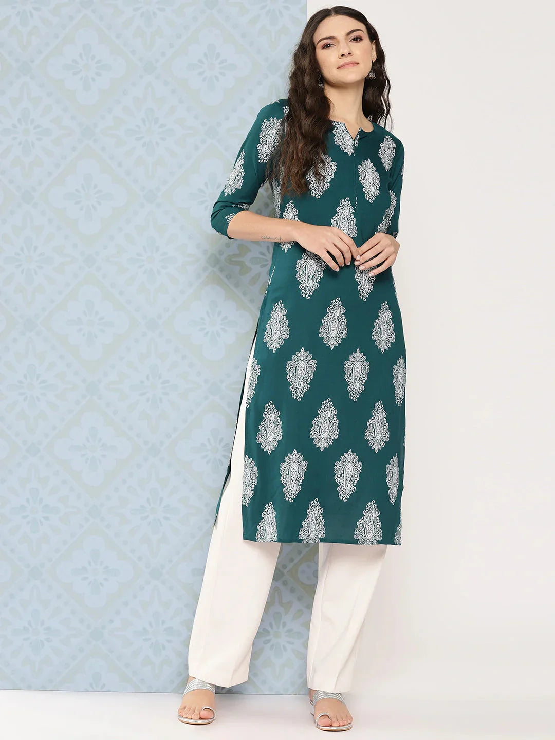 Teal Green Paisley Printed Kurta-Indiakreations-JS1482KURTGS