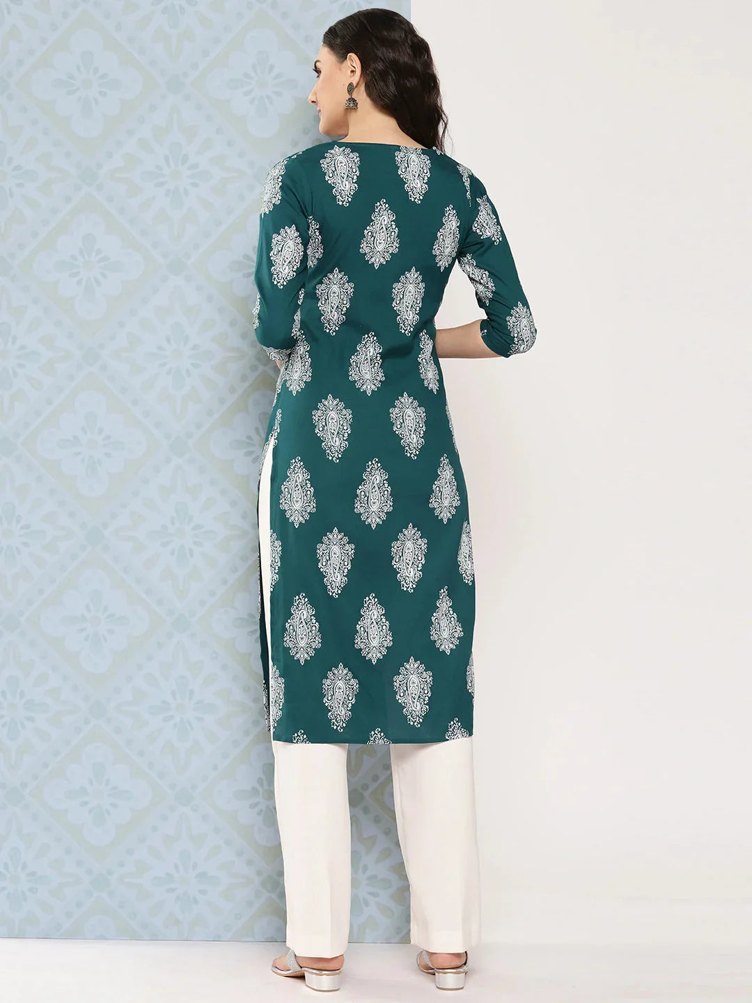 Teal Green Paisley Printed Kurta-Indiakreations-JS1482KURTGS