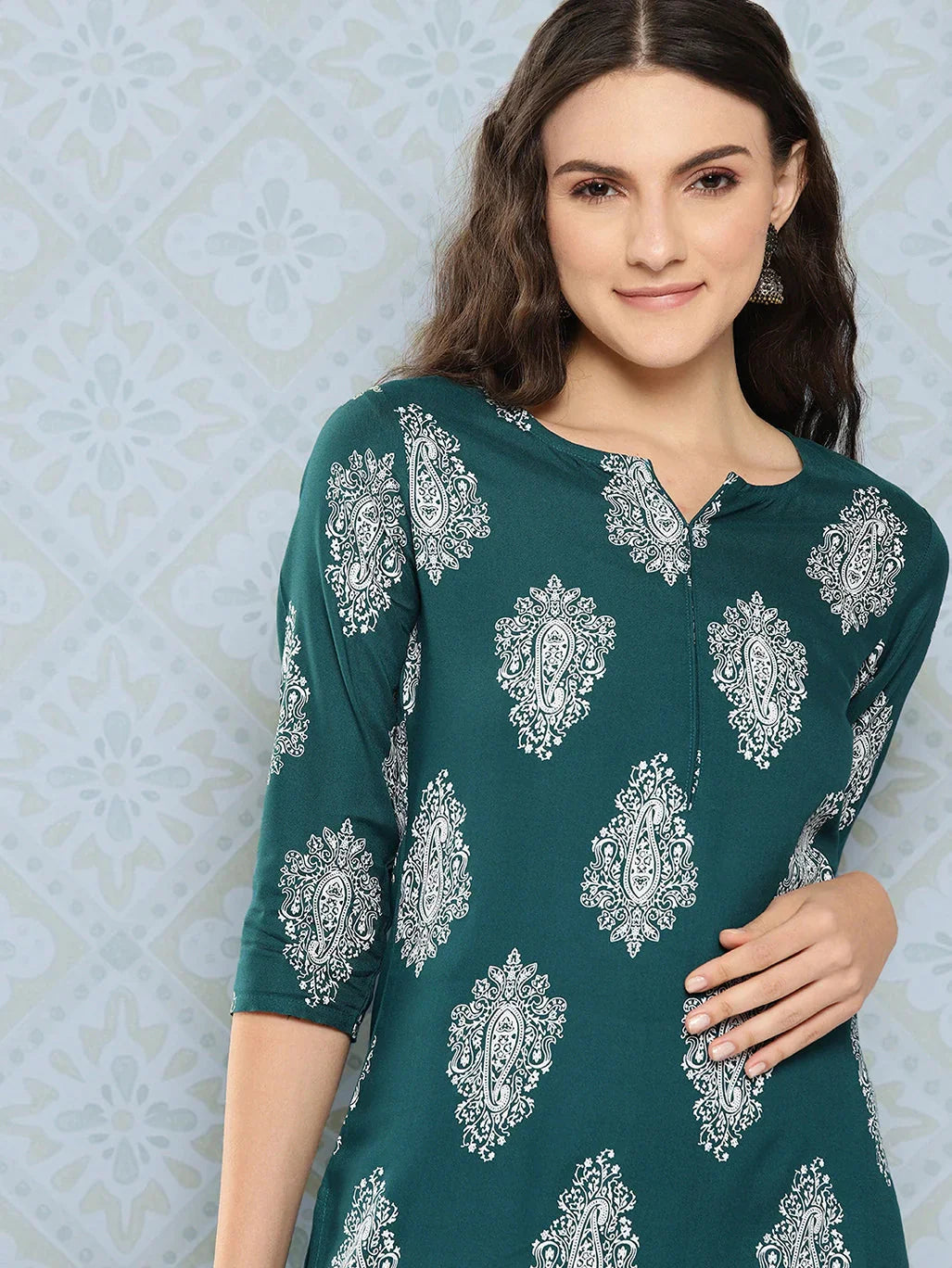 Teal Green Paisley Printed Kurta-Indiakreations-JS1482KURTGS