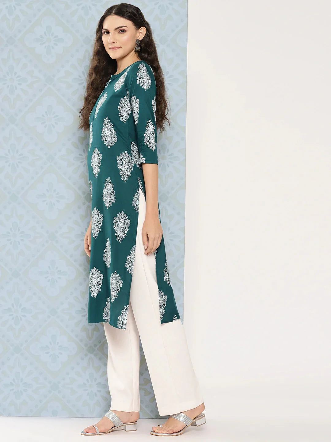 Teal Green Paisley Printed Kurta-Indiakreations-JS1482KURTGS