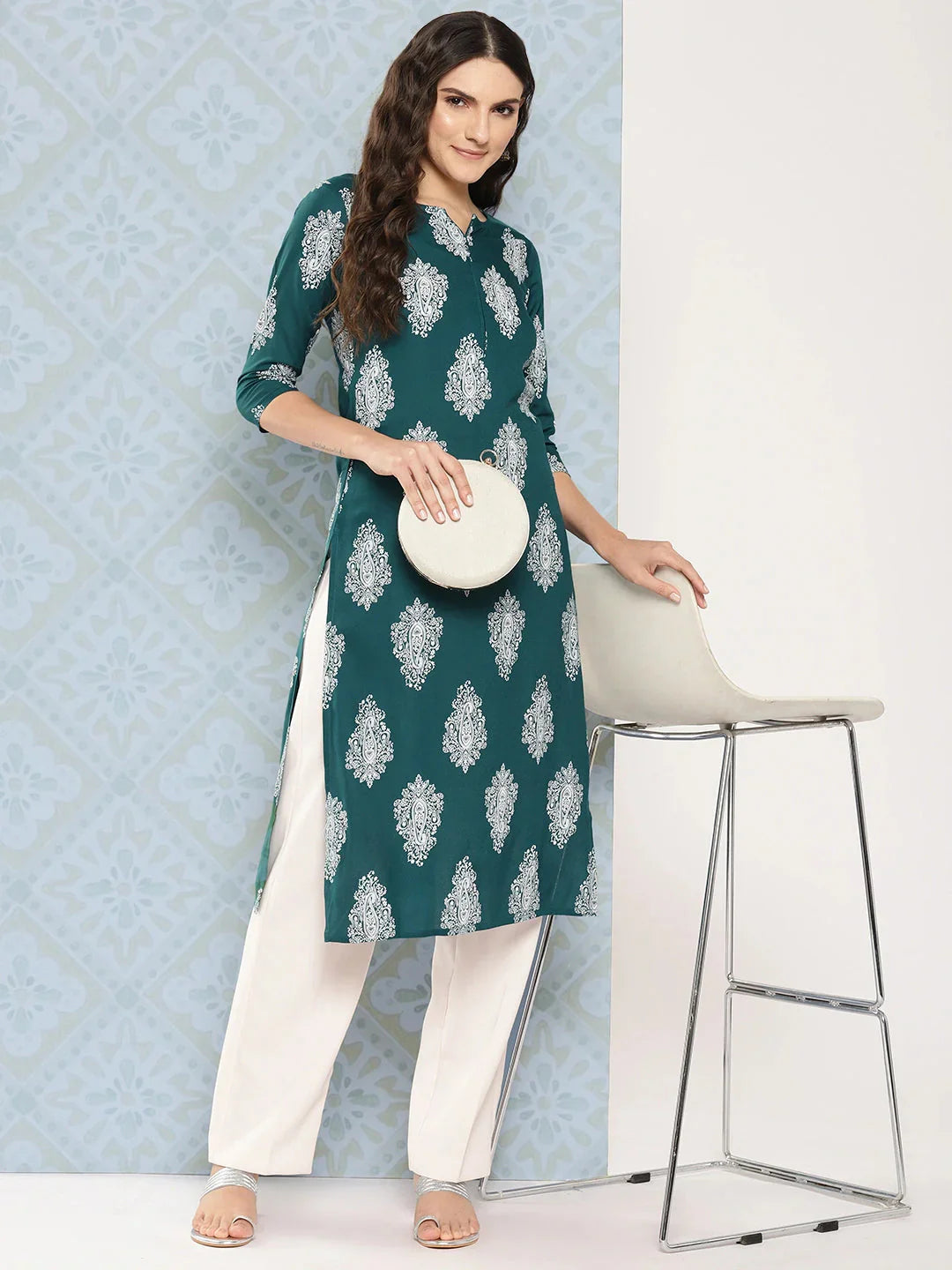 Teal Green Paisley Printed Kurta-Indiakreations-JS1482KURTGS