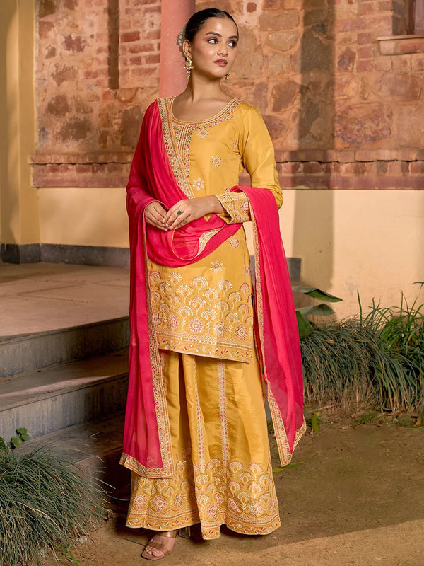 Jashvi Art Yellow Embroidered Silk Blend Straight Suit With Dupatta