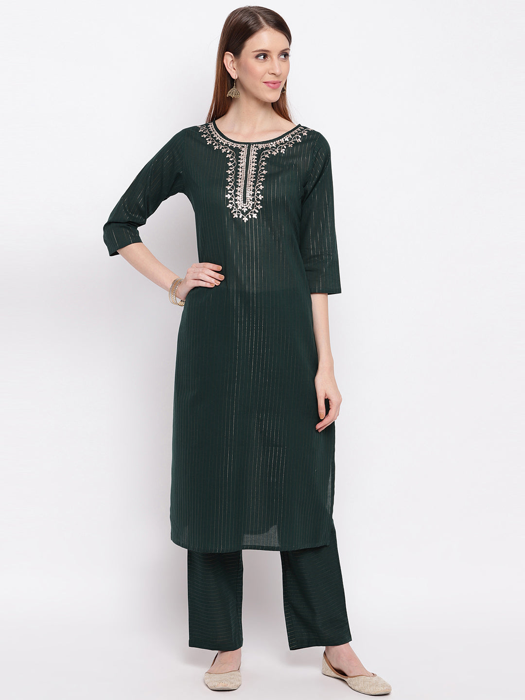 Women's Dark Green Cotton Silk Kurta With Pant By Vbuyz (2Pcs Set)