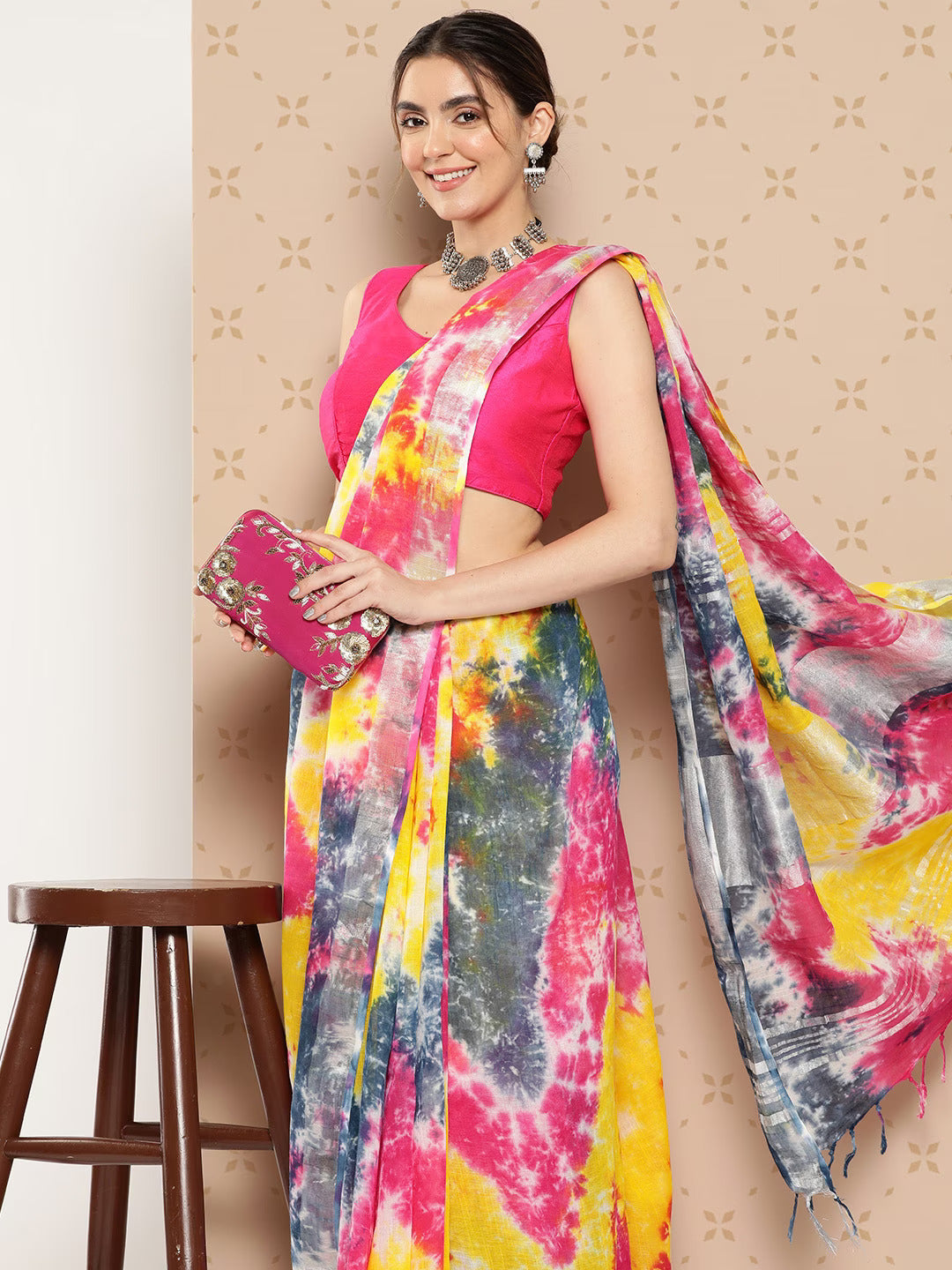 Tie & Dye Linen Cotton Saree-Indiakreations-JS1307SARWH