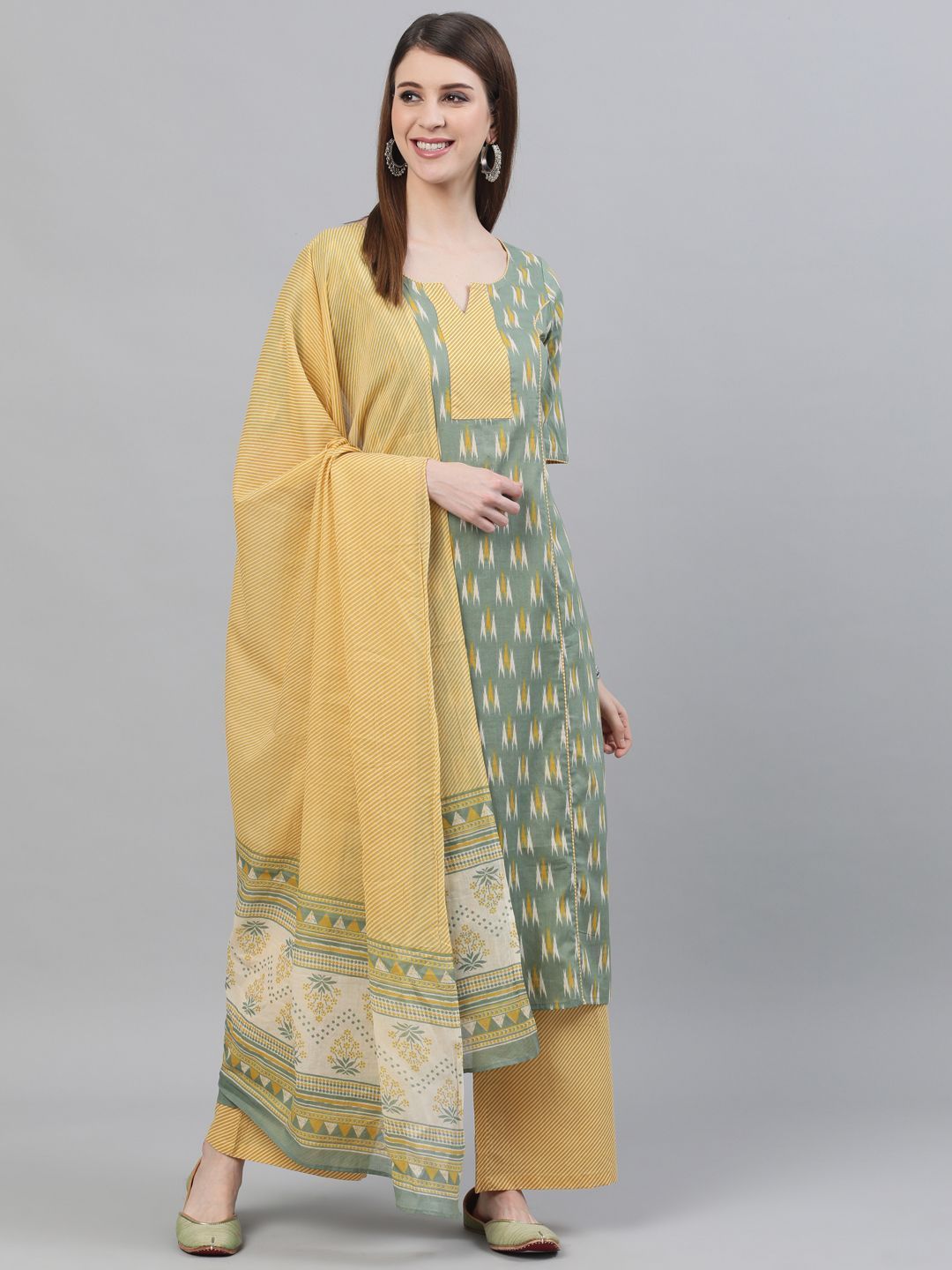 Women's Green & Yellow Ikat Printed Straight Kurta With Palazzo & Dupatta Set - AKS