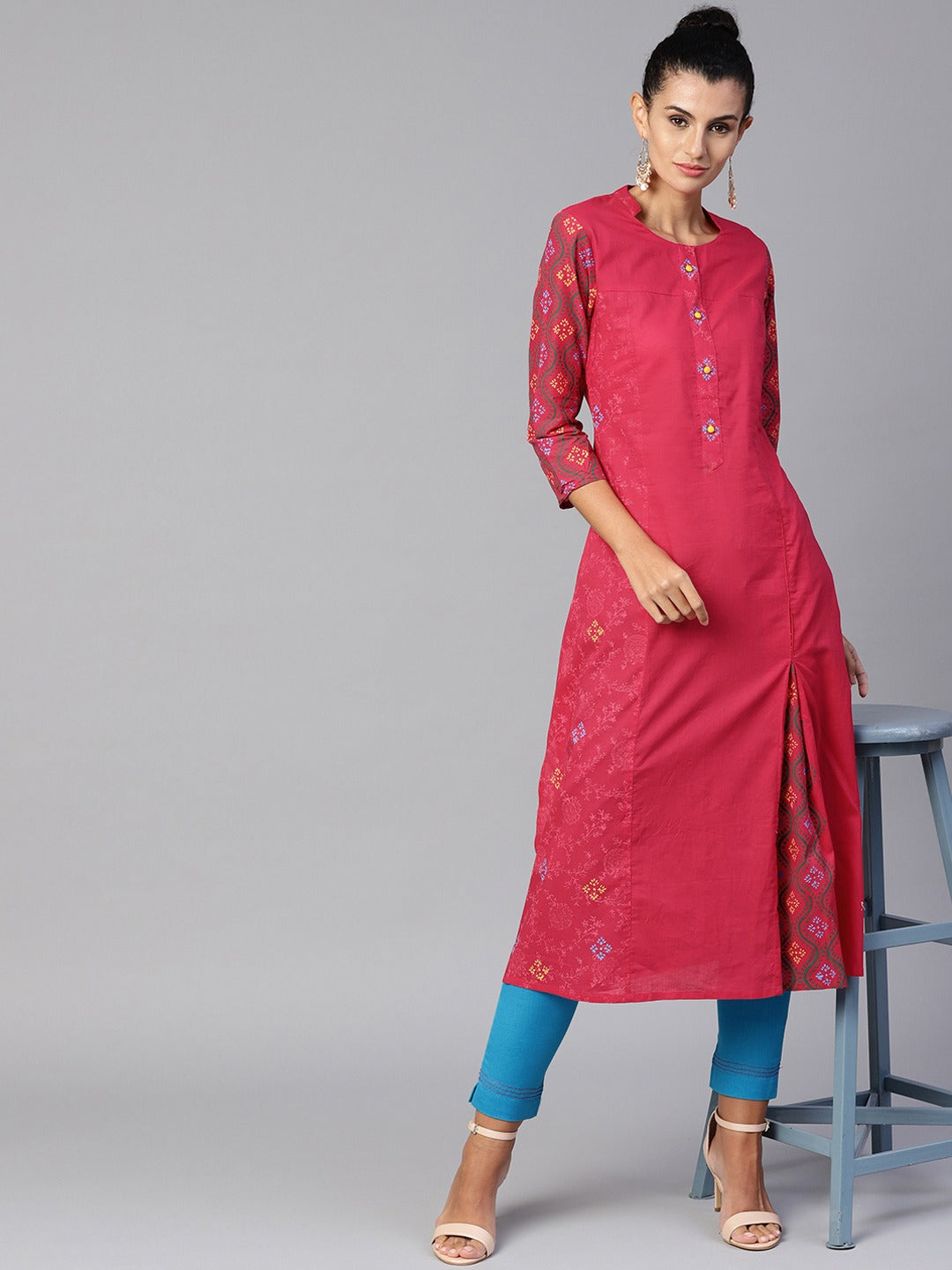 Women's Pink And Blue Printed Kurta With Trousers - Noz2Toz