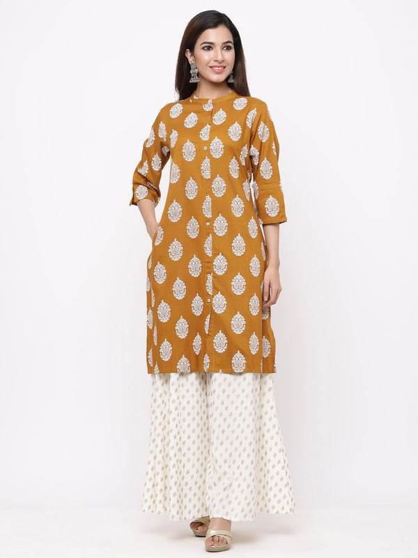 Women's Dark Mustard Rayon Printed A-Line Kurta - Juniper