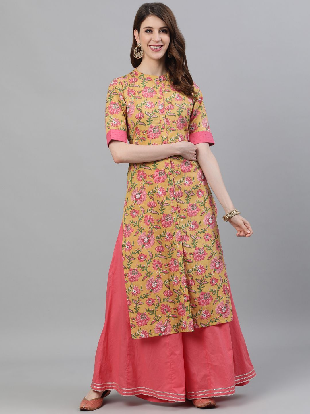 Women's Yellow & Pink Floral Printed Button Down Kurta - AKS