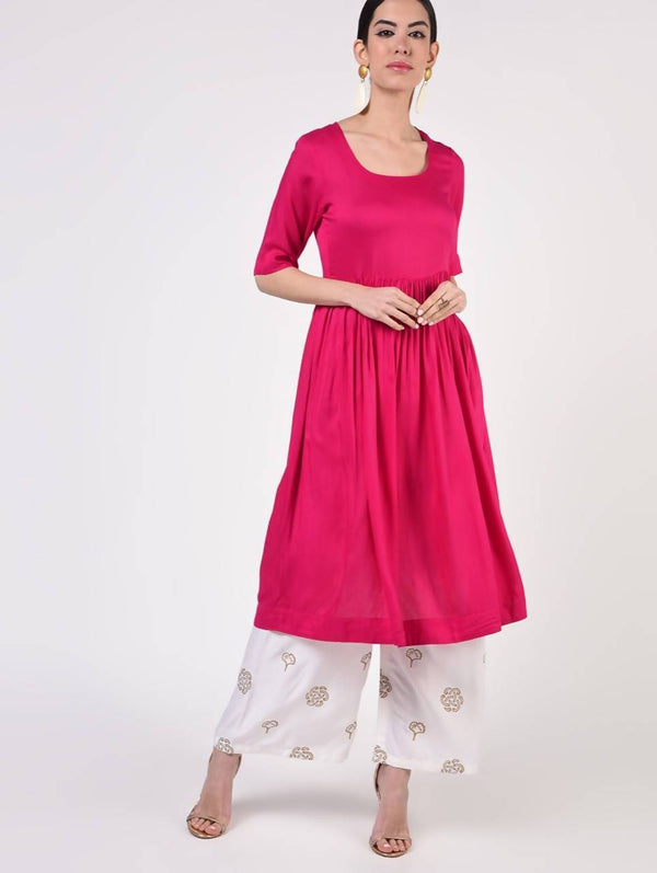 Women's Pink & White Pin-Tuck Kurta Palazzo Set - Cheera