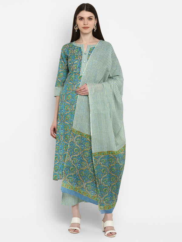 Women's Sky Blue Cotton Kurta With Palazzo & Dupatta By Vbuyz (3Pcs Set)