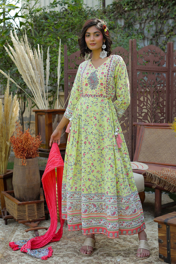 Buy_Women's_Limegreen_Cambric_Floral_Print_Anarkali_Dress_&_Dupatta_Set_With_Rubber-Band_Online_Indiakreations