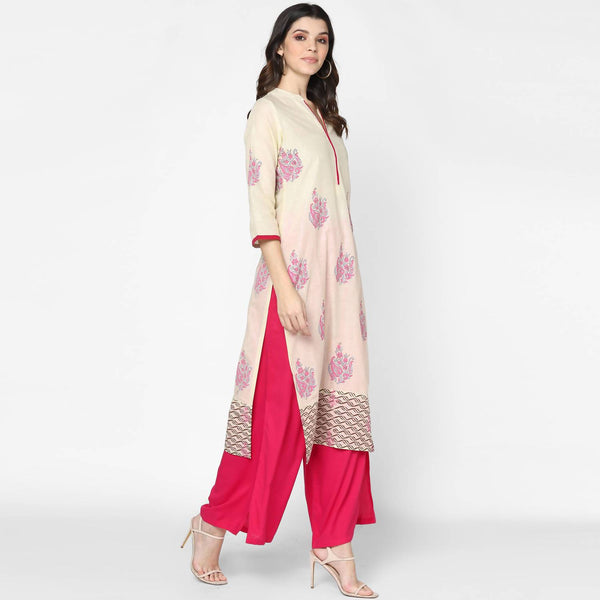 Women's Cream & Magenta Cotton Hand Block Print Straight Kurta With Palazzo Set - Cheera