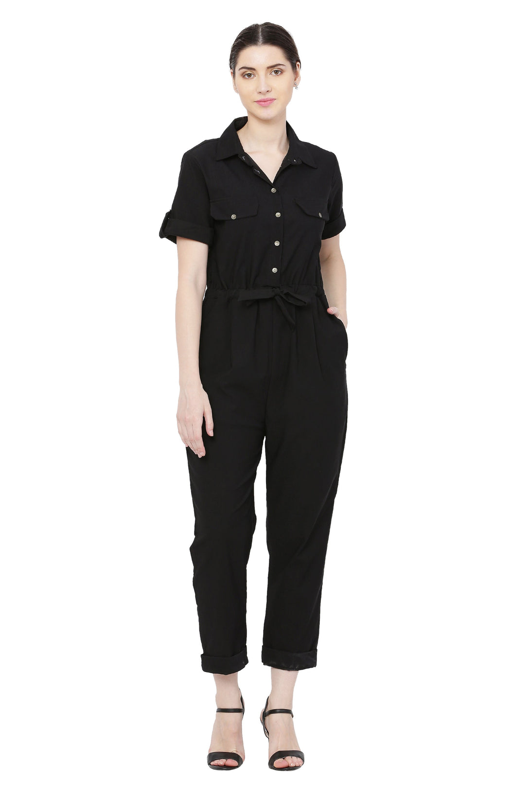 Women's Black Solid Poly Laycra Collar Jumpsuit With Belt - Vaaba