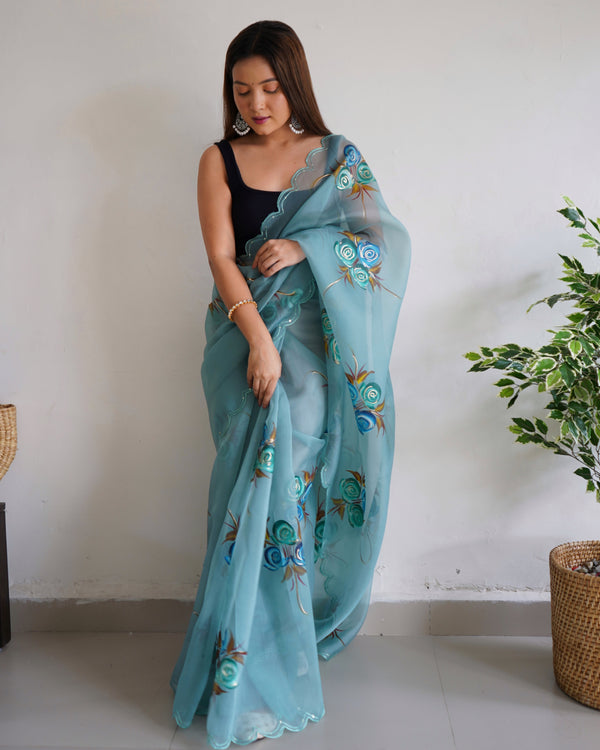 Women's Sky Hand Paint Saree - VAMSEE