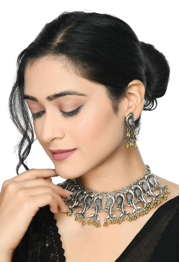 Indiakreations Parrot Design Choker Necklace with Golden Ghungoo Jkms_051