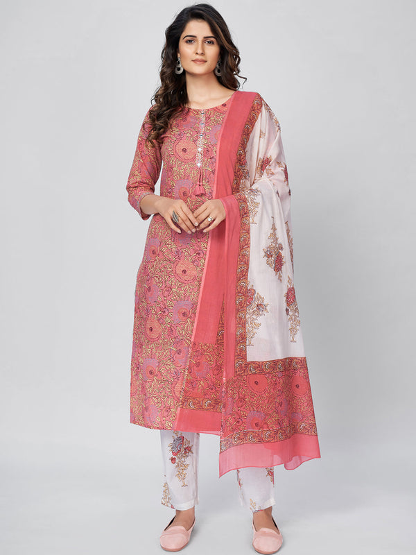 Women's Pink Cotton Kurta & Pant With Dupatta By Vbuyz- (3Pcs Set)