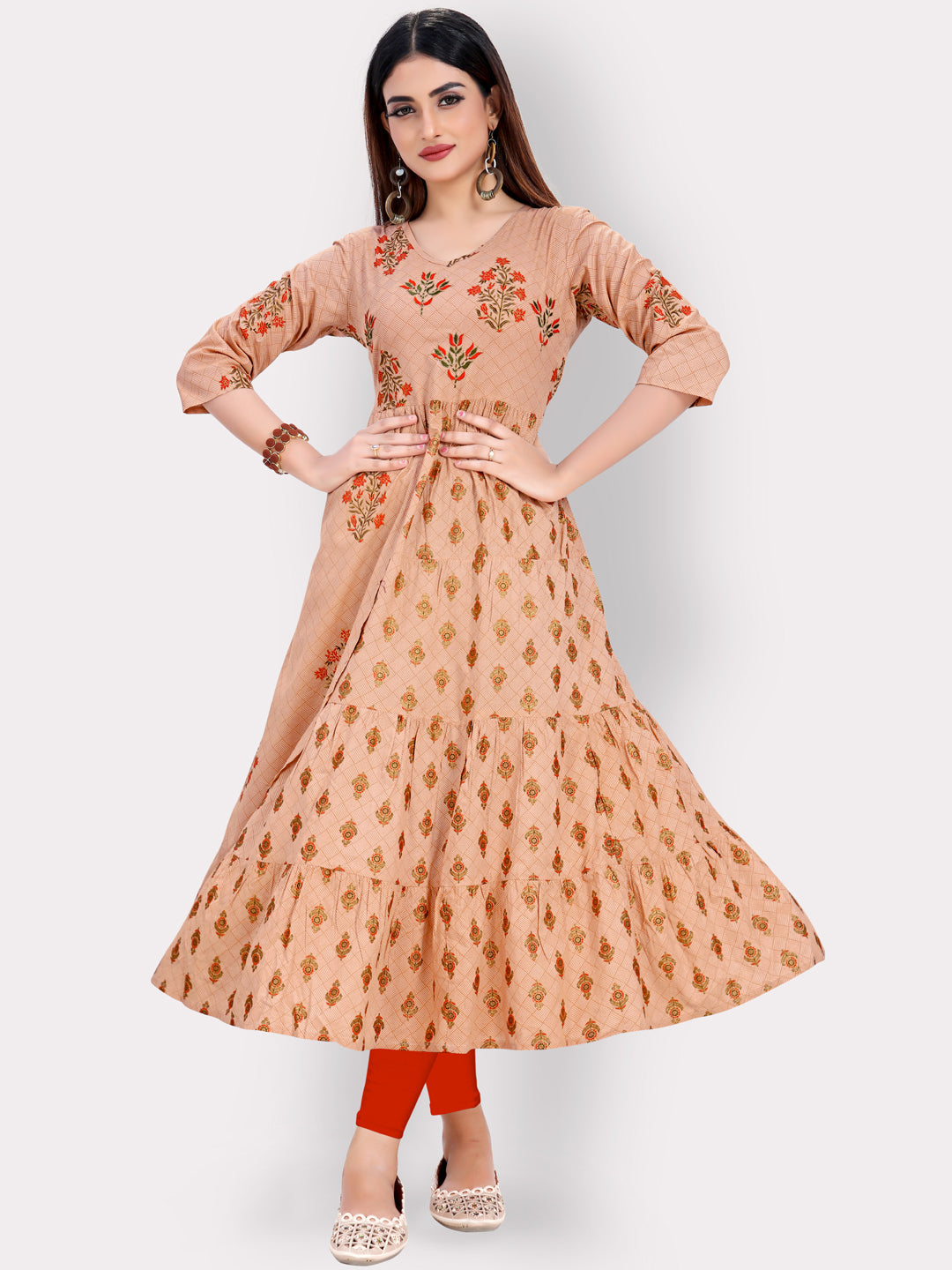 Women's Foil Print & Embroidered Anarkali Rayon Peach Kurti - Vbuyz