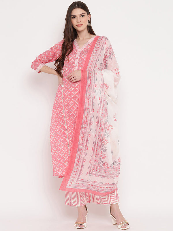 Women's Light Pink Cotton Kurta With Palazzo & Dupatta By Vbuyz (3Pcs Set)