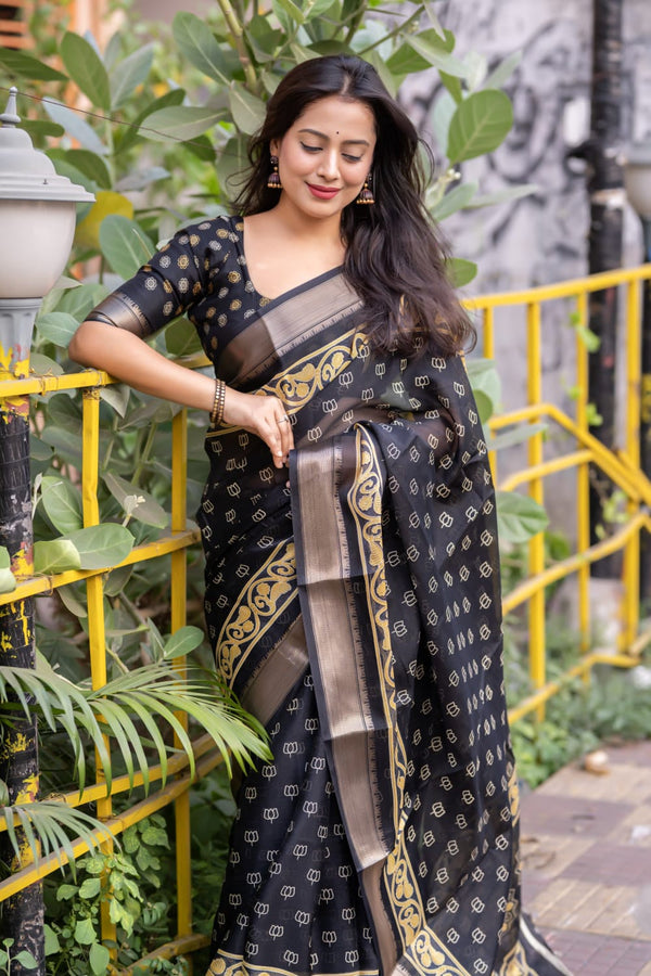 Women's Black Cotton Slub Printed Saree - A2M