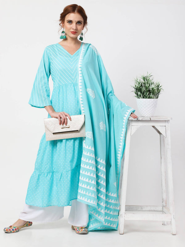 Women's Turquoise & White Cotton Kurta Palazzo Dupatta Set - Cheera