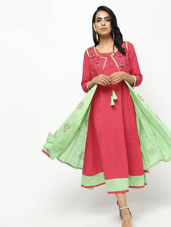 Women's Double Layer Long Anarkali With Beautiful Block Print Design - Cheera