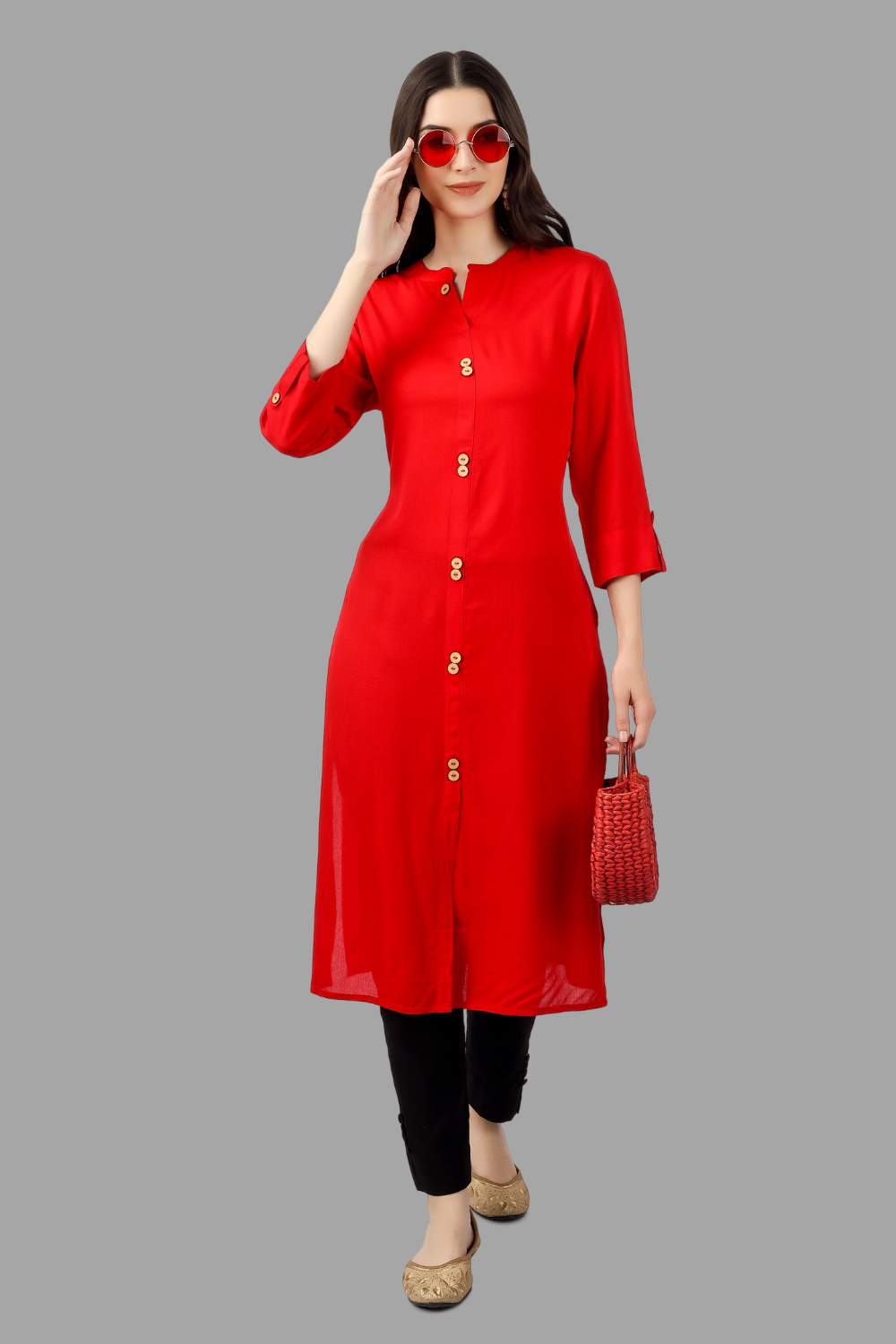 Women's Red Rayon Solid Frontslit Straight Kurta - House Of Rp