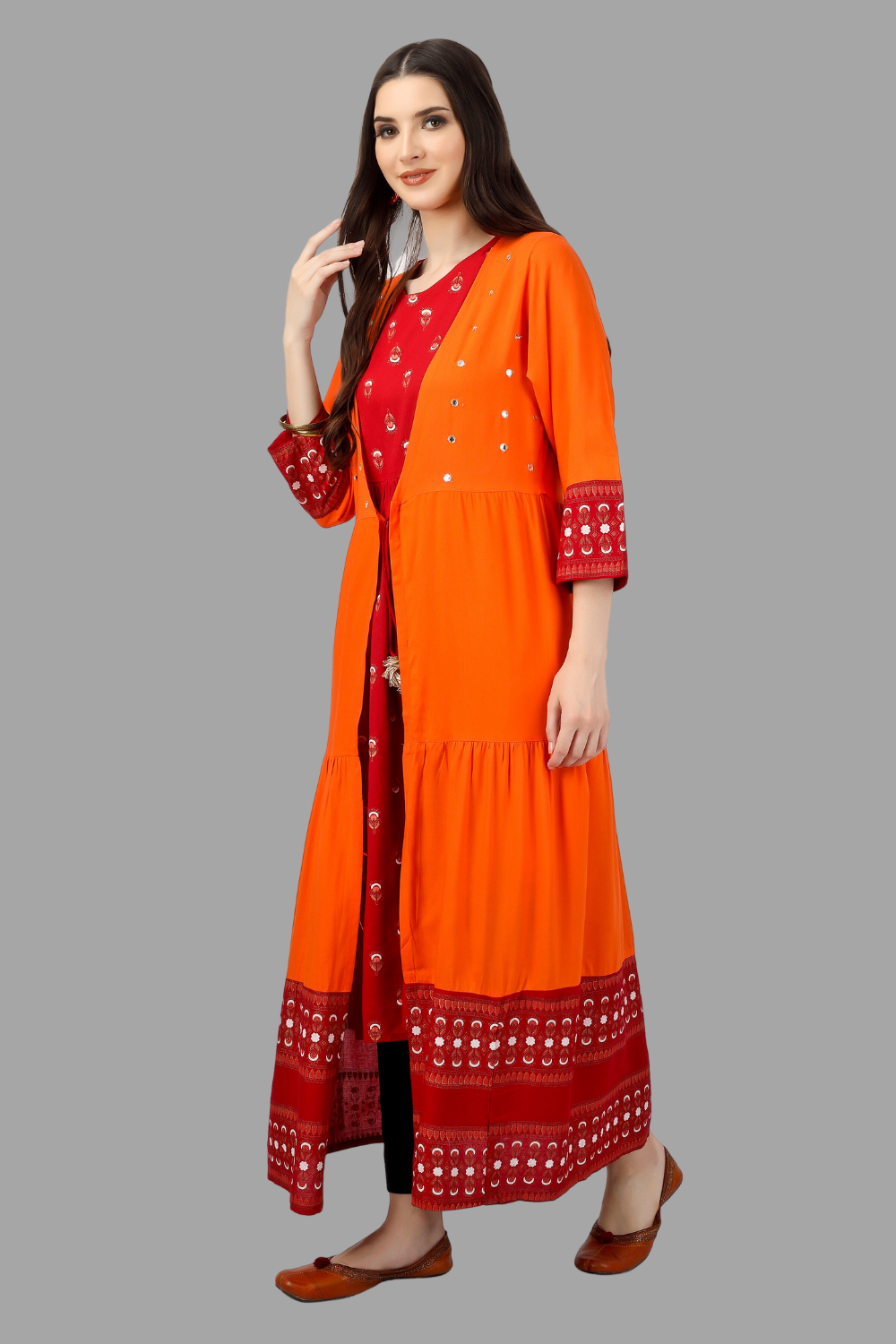 Women's Red Rayon Embroidered Circular Kurta With Shurg - House Of Rp