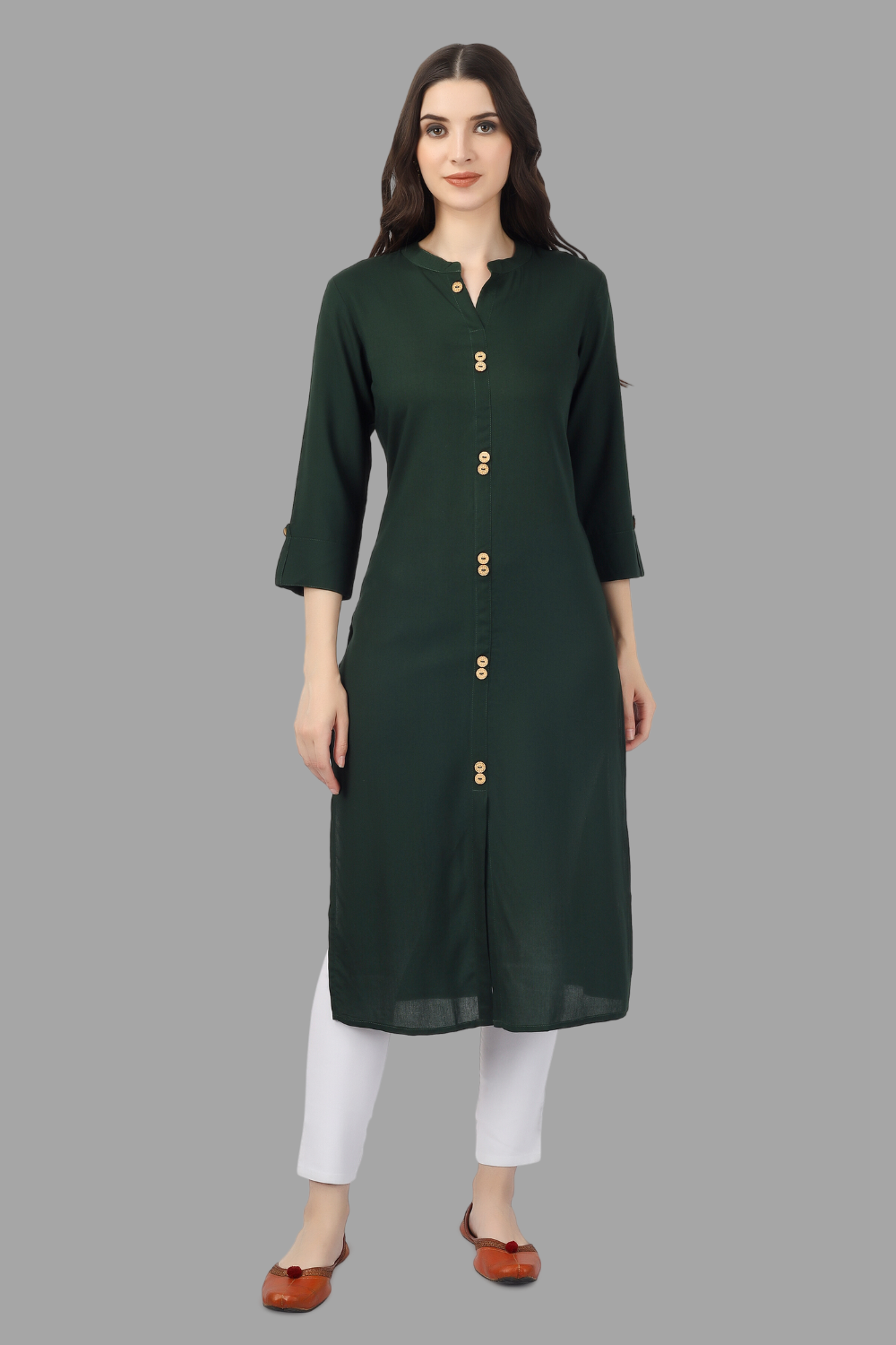 Women's Green Rayon Solid Frontslit Straight Kurta - House Of Rp