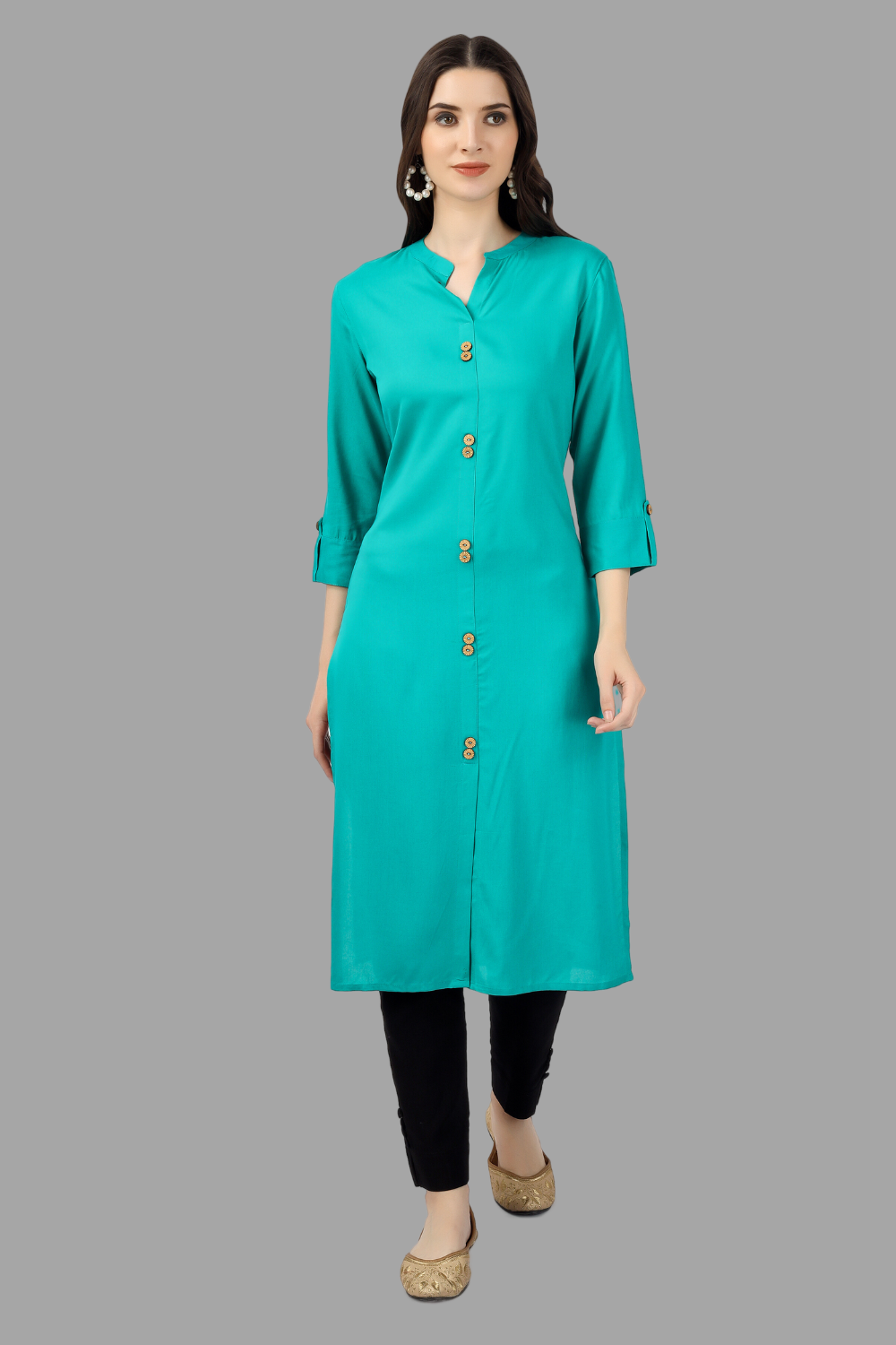 Women's Turquoise Rayon Solid Frontslit Straight Kurta - House Of Rp