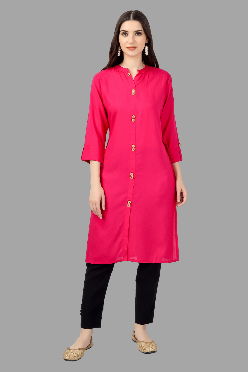 Women's Pink Rayon Solid Frontslit Straight Kurta - House Of Rp