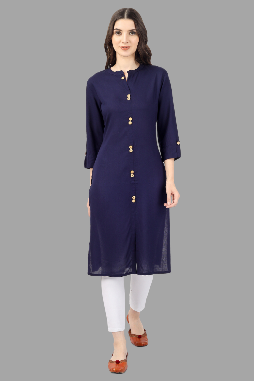 Women's Blue Rayon Solid Frontslit Straight Kurta - House Of Rp