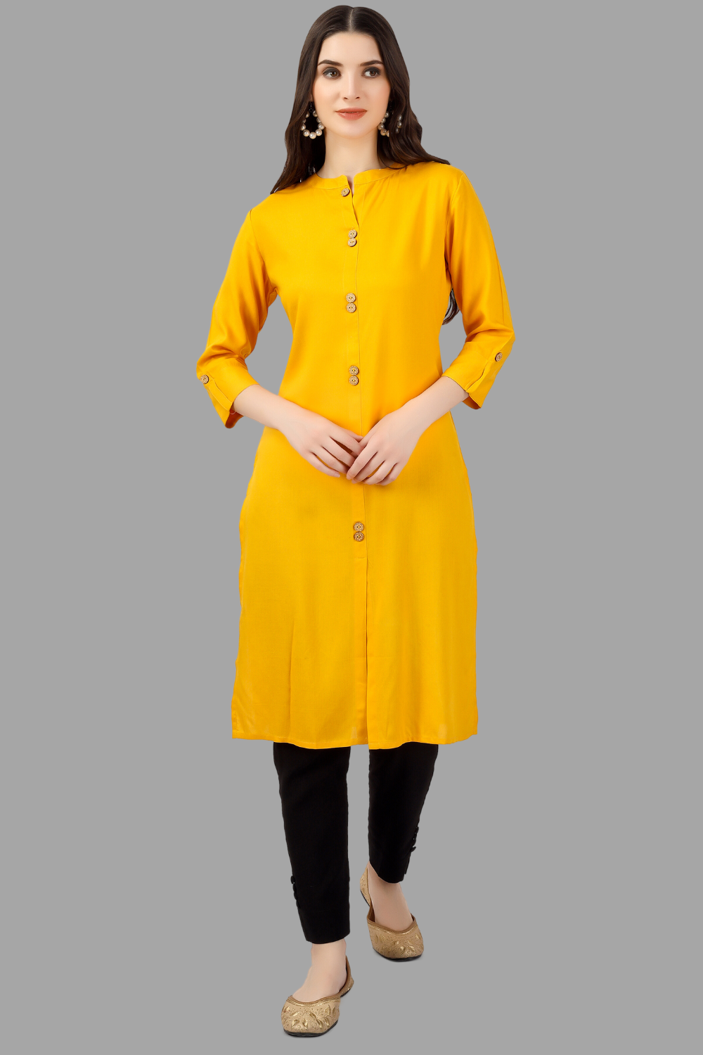 Women's Yellow Rayon Solid Frontslit Straight Kurta - House Of Rp