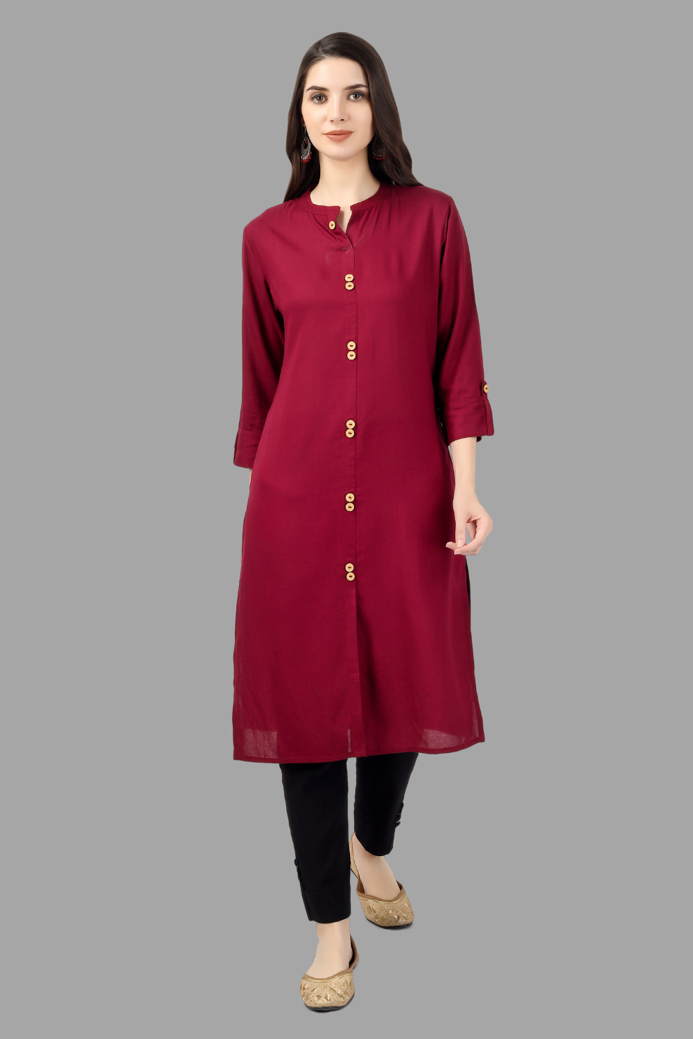 Women's Maroon Rayon Solid Frontslit Straight Kurta - House Of Rp