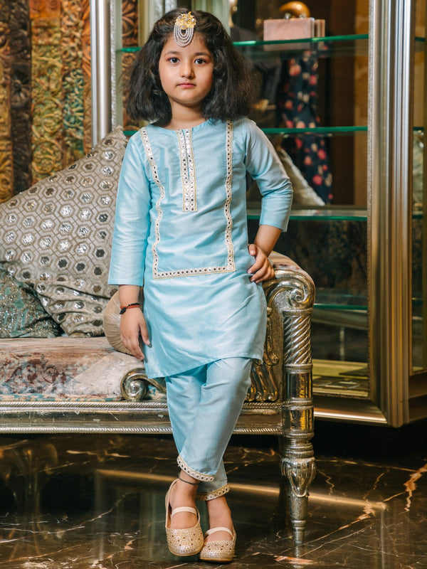 Jashvi Girls' Aqua Viscose Kurta Pant Set