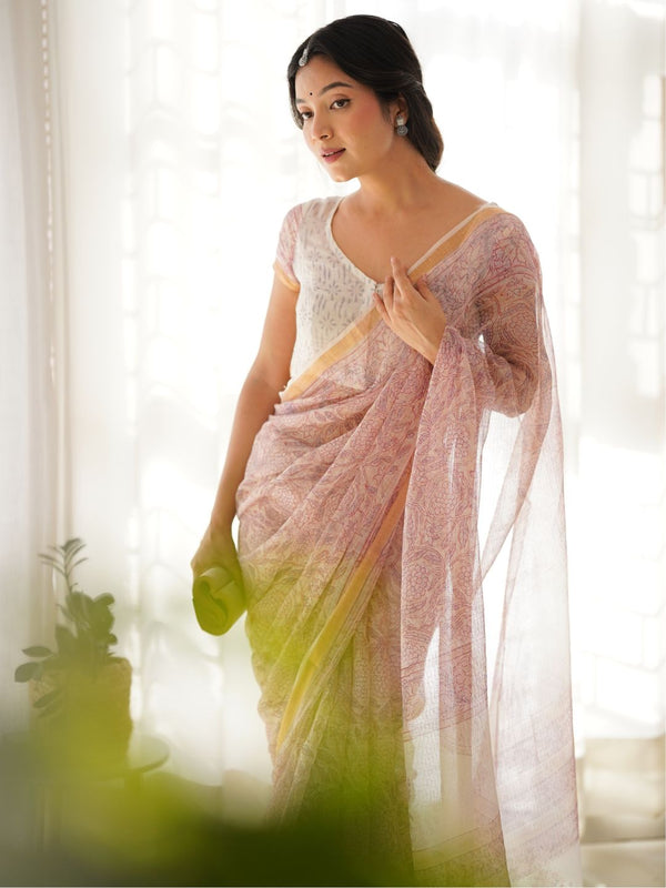 Jashvi Pink HandBlock Cotton Kota Doria Saree