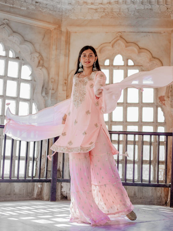 Women's Pink Yoke Design Zardozi Chanderi Silk Kurta with Sharara & With Dupatta - Taantav