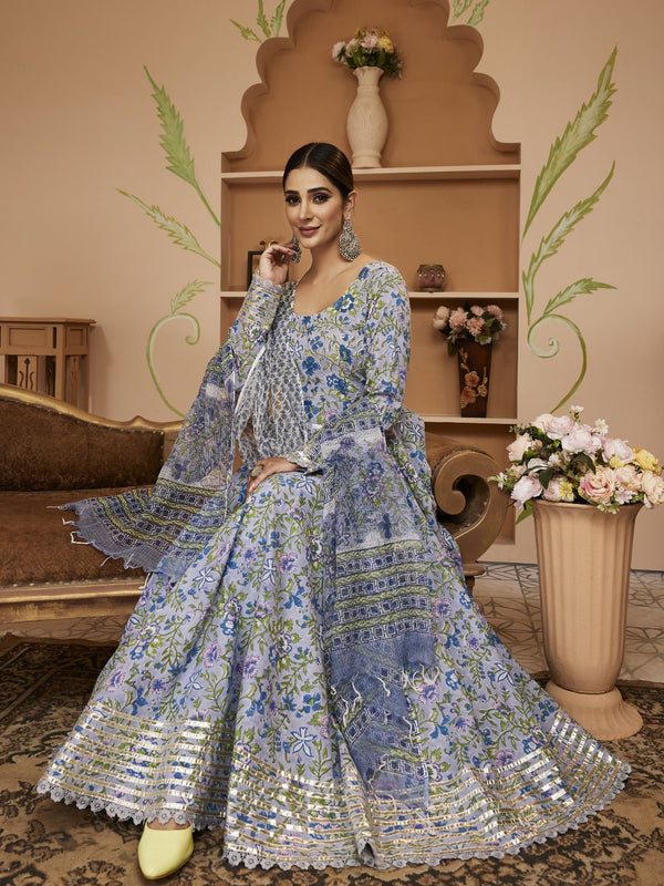 Women's Hand block Floral Printed Blue Anarkali Cotton Kurta With Trousers & Dupatta - Taantav