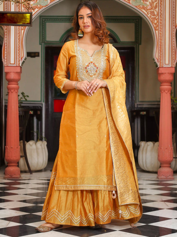 Jashvi Yellow Gold Embroidered Chenderi Kurta Sharara Set with Dupatta