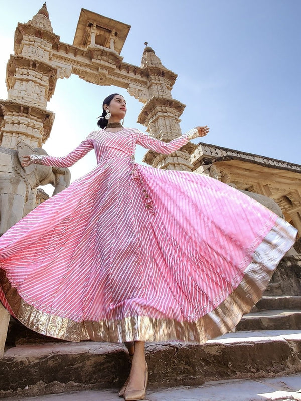 Jashvi Pink Leheriya Cotton Anarkali With Copper Lace