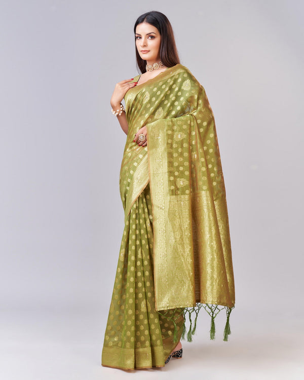 Women's Woven Saree With Blouse Set-Mehndi - Sweet Smile