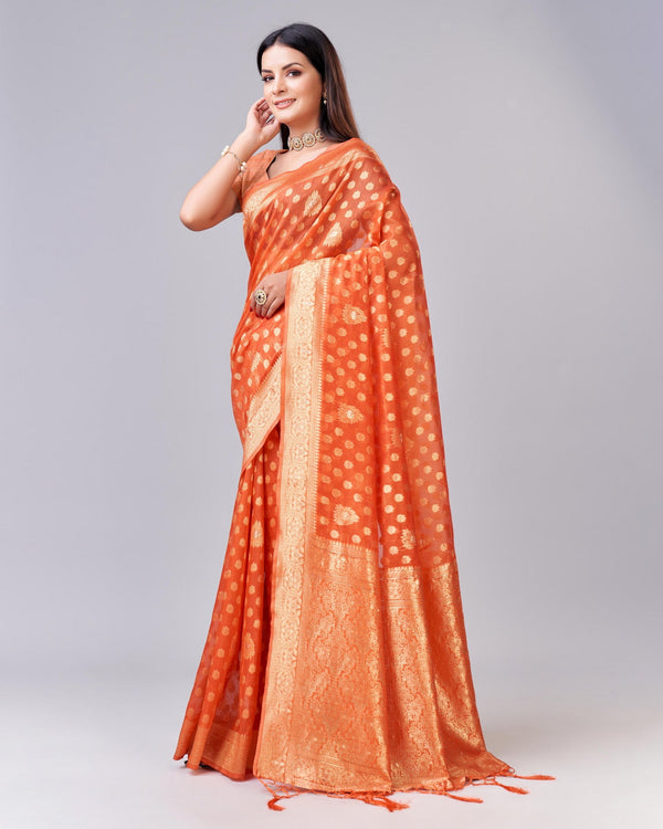 Women's Woven Saree With Blouse Set-Orange - Sweet Smile