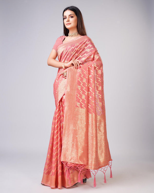 Women's Woven Saree With Blouse Set-Light Pink - Sweet Smile