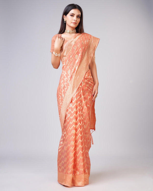 Women's Woven Saree With Blouse Set-Peach - Sweet Smile