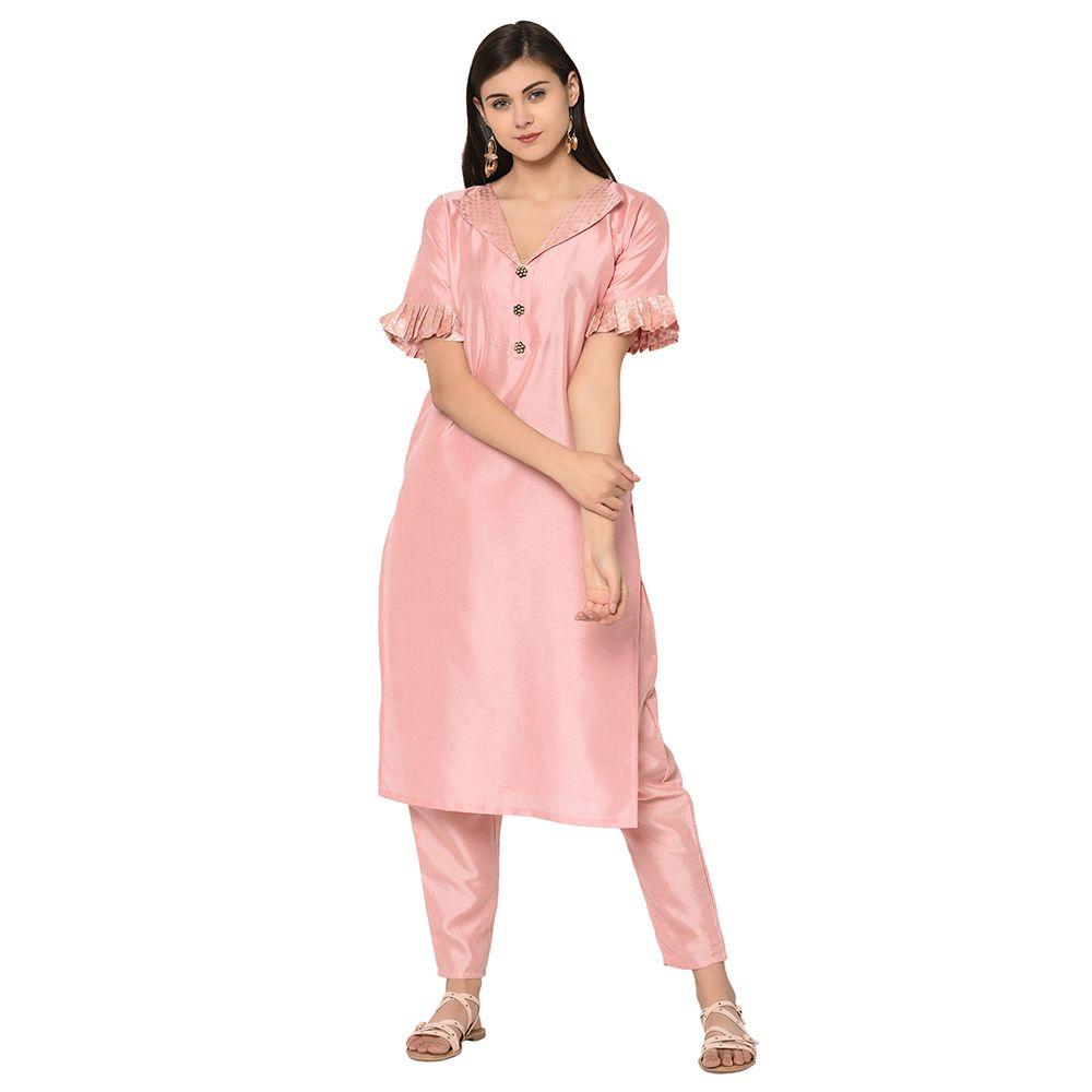 Women Pink Silk Kurta with Pant Set by Ziyaa (2 Pc Set)