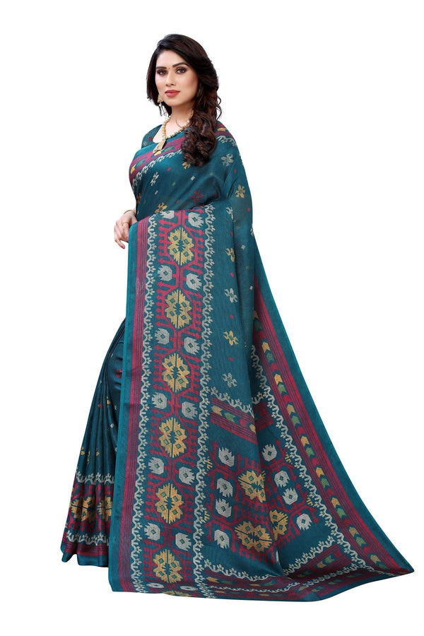 Women's Printed Jute Silk Green Saree - Vamika