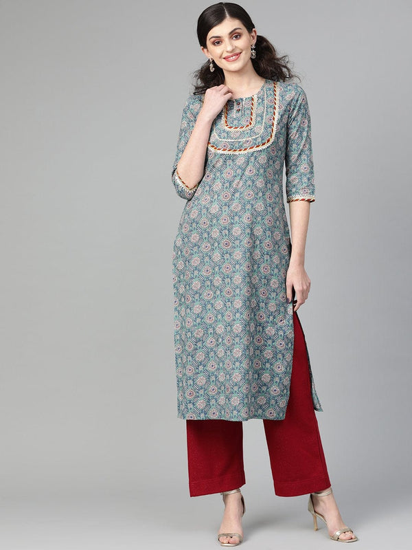 Women's Sea Green Floral Printed Straight Kurta - Varanga